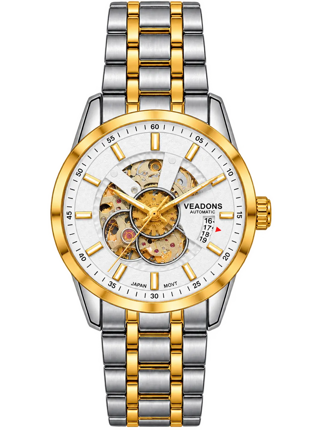Veadons Two-Tone Automatic Skeleton Waterproof Stainless Steel Watch
