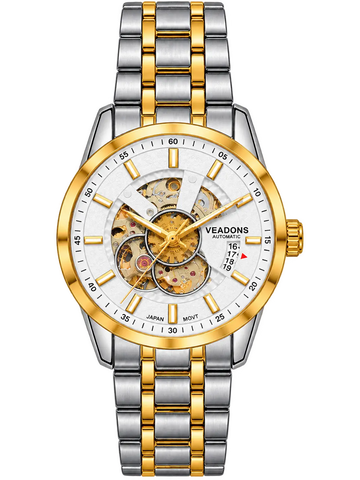 Veadons Two-Tone Automatic Skeleton Waterproof Stainless Steel Watch