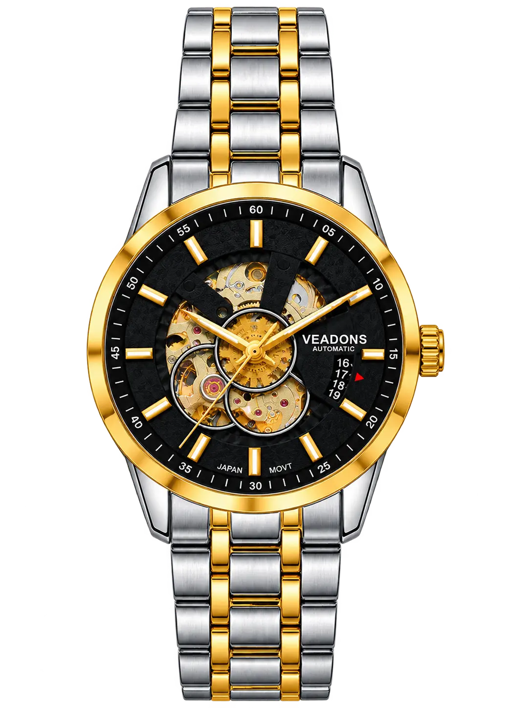 Veadons Two-Tone Automatic Skeleton Waterproof Stainless Steel Watch