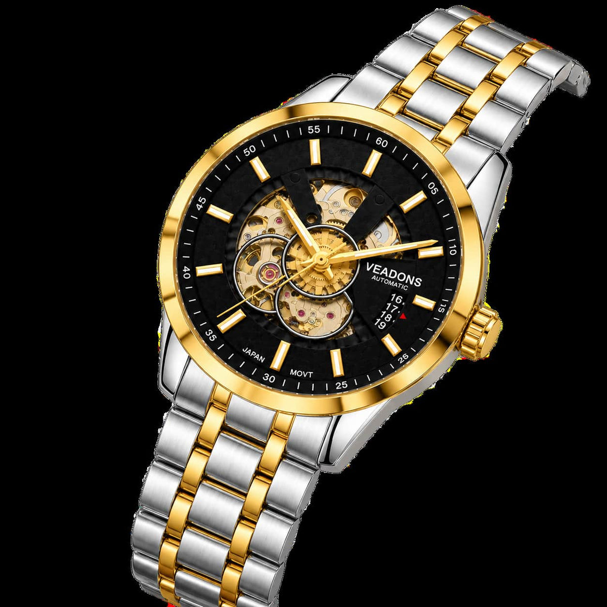 Veadons Two-Tone Automatic Skeleton Waterproof Stainless Steel Watch