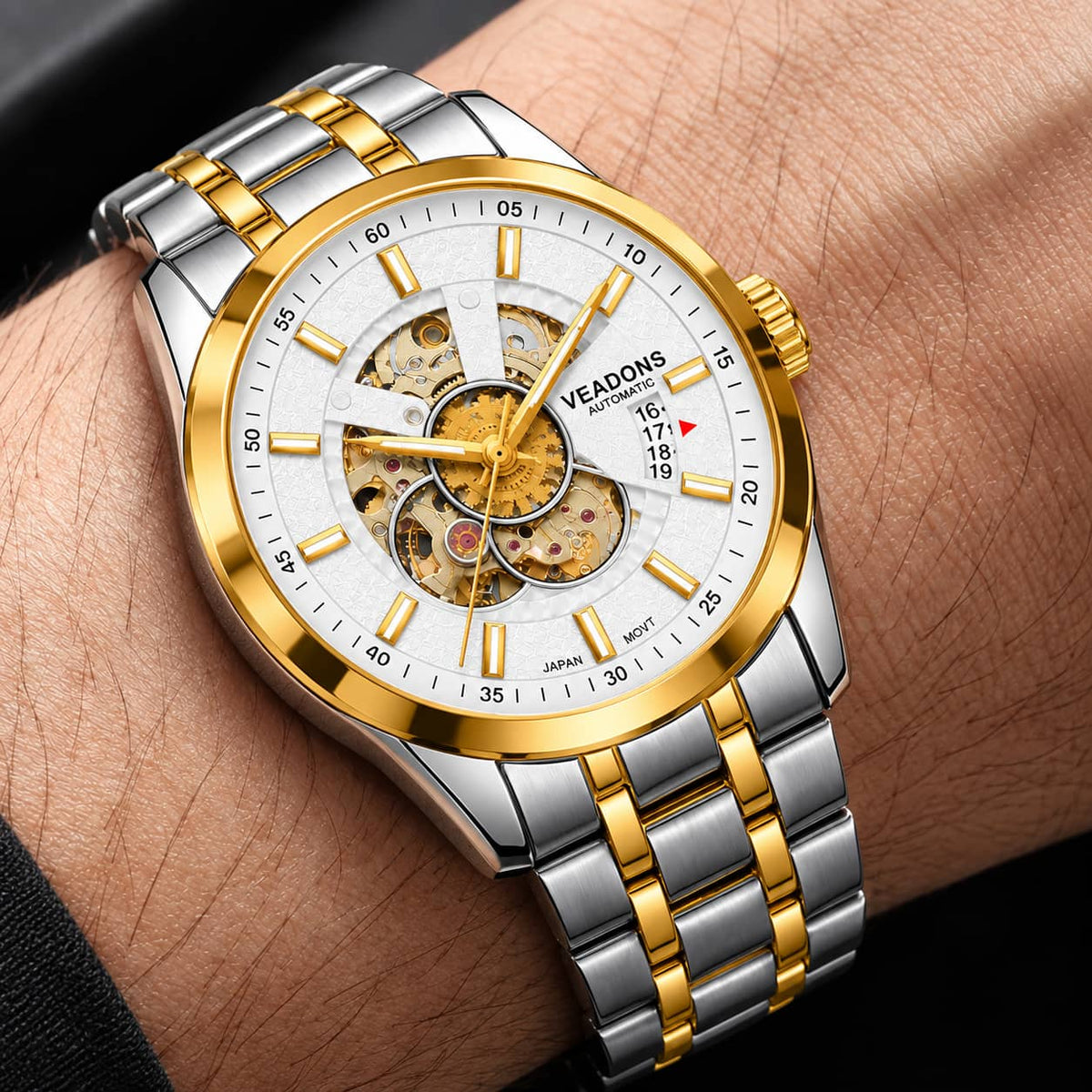 Veadons Two-Tone Automatic Skeleton Waterproof Stainless Steel Watch