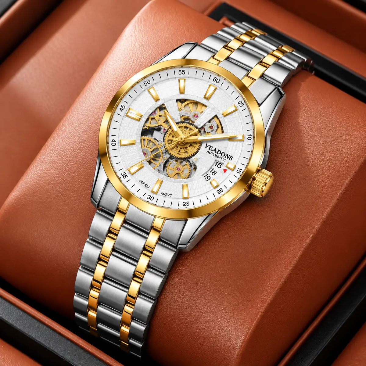 Veadons Two-Tone Automatic Skeleton Waterproof Stainless Steel Watch