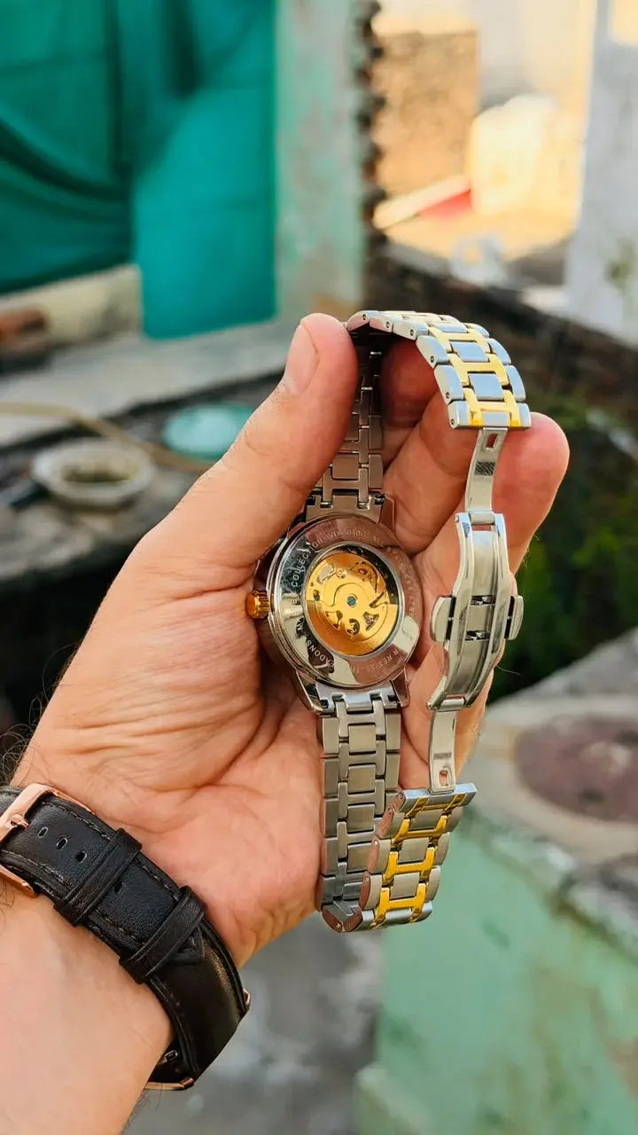 Veadons Two-Tone Automatic Skeleton Waterproof Stainless Steel Watch